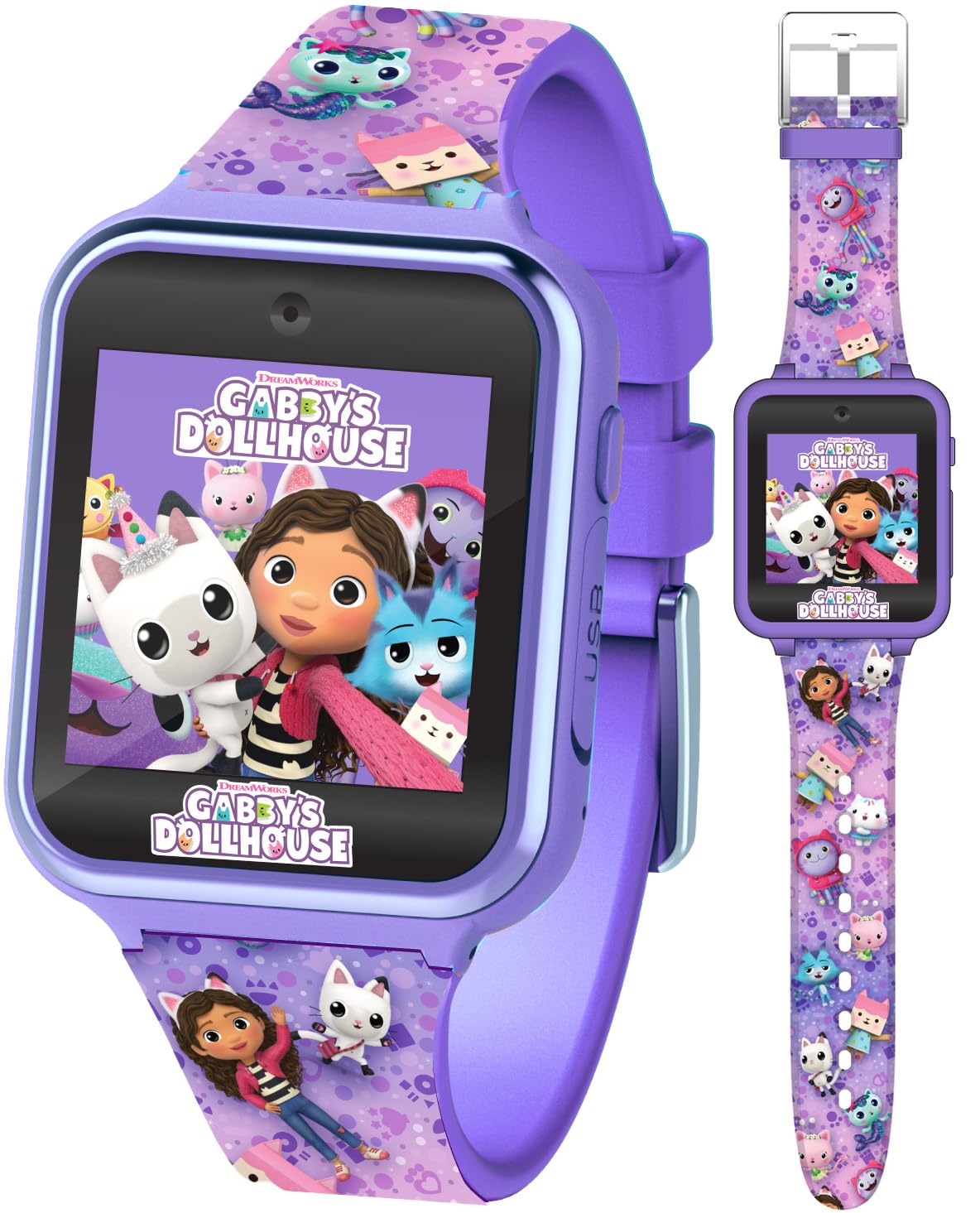 Accutime Gabby's Doll House watch face on a kid's wrist, for personalized play