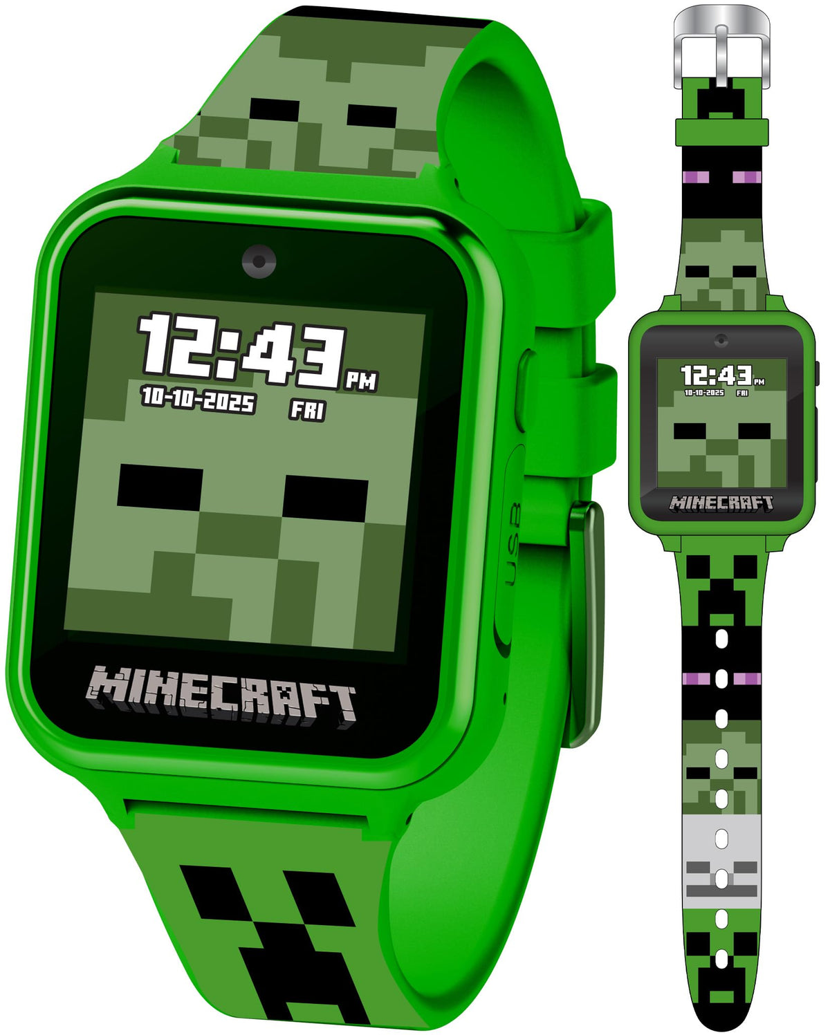 Accutime Minecraft Kids Smartwatch creeper design on camouflage strap for durable daily wear.
