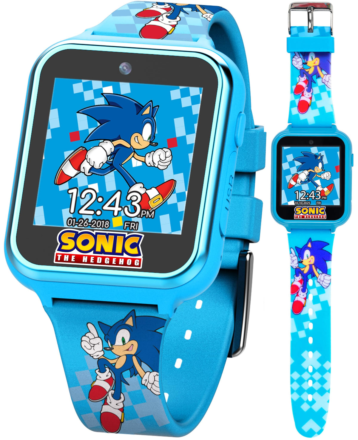 Accutime Sega Sonic smartwatch front view with kid-friendly design for safe daily wear.