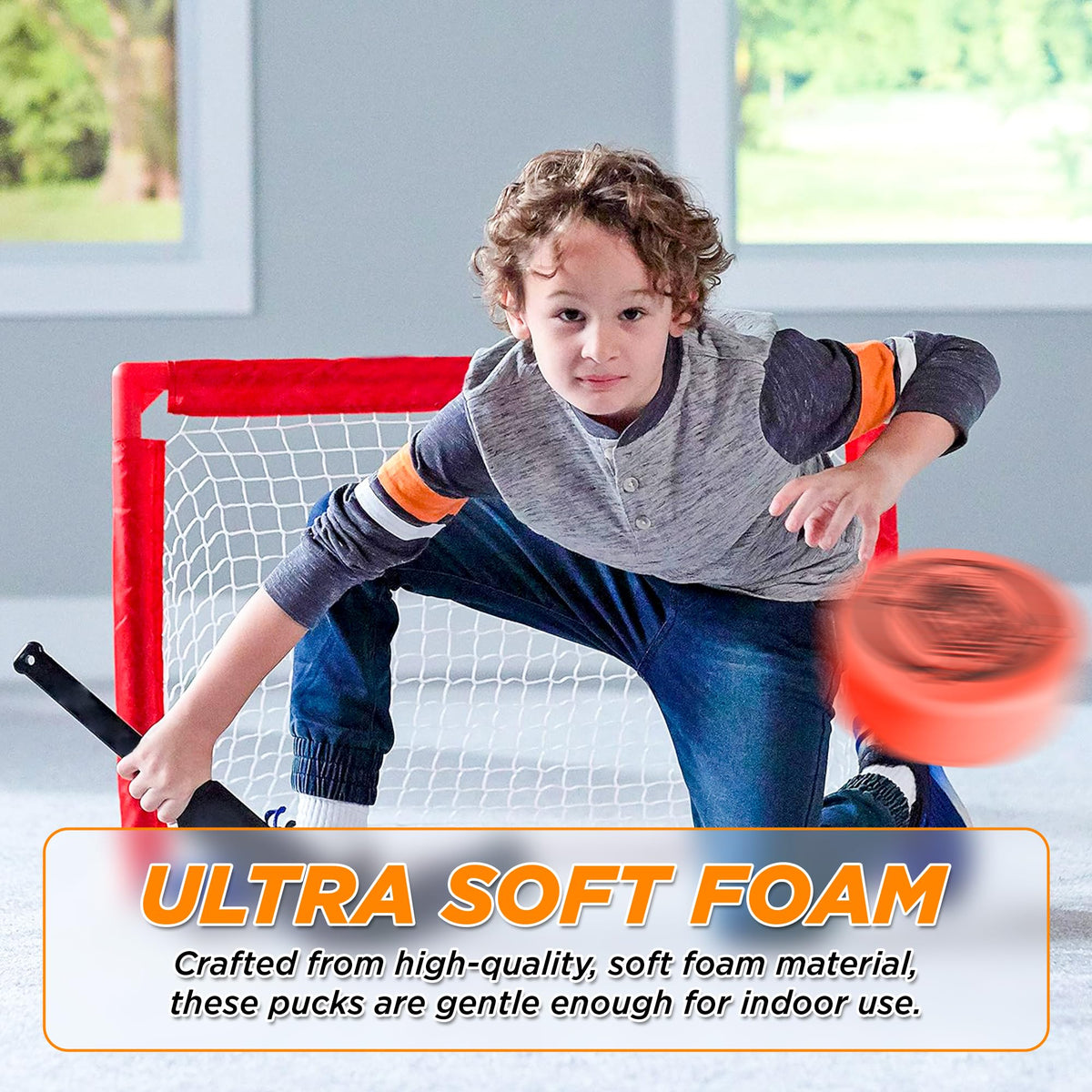 ACE HOCKEY foam pucks reduce noise for indoor knee hockey sessions