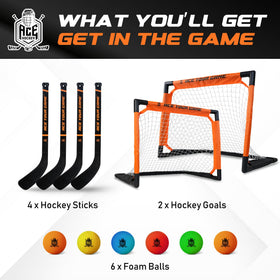 ACE HOCKEY four-mini-sticks are easy to grip for kids and beginners.