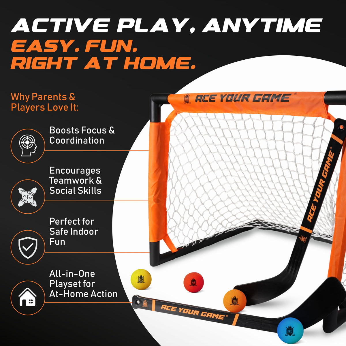 ACE HOCKEY shinny hockey set soft foam construction reduces noise