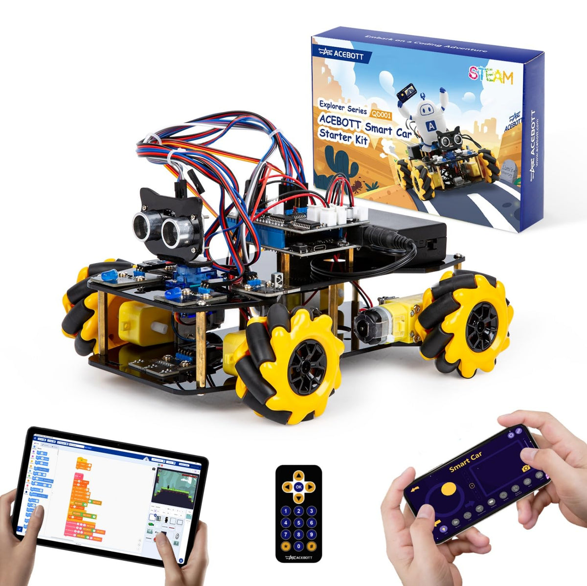 ACEBOTT robot kit with yellow chassis for hands-on STEM learning