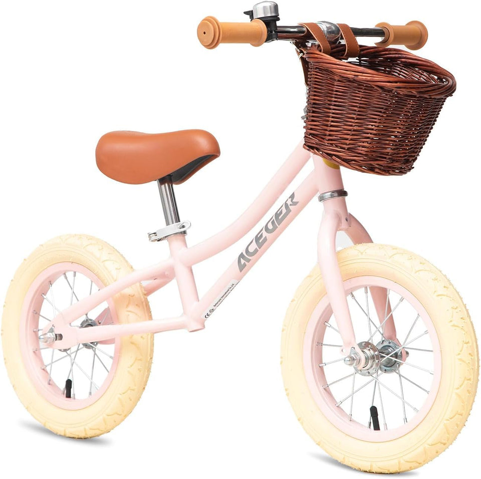 ACEGER 12-inch balance bike front view with basket supports confident beginner riding.