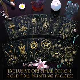 ACELION 78-card tarot deck highlight with gold-foil surfaces for visual impact