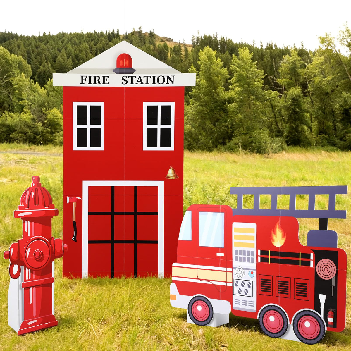 AceOrbit firestation backdrop assembly creates a heroic party scene for photos.