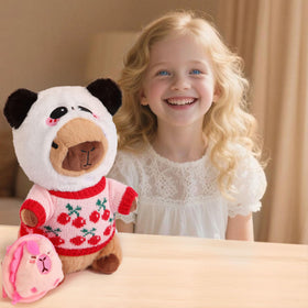 Capybara plush with outfits shown as a decorative addition to a kid's room.