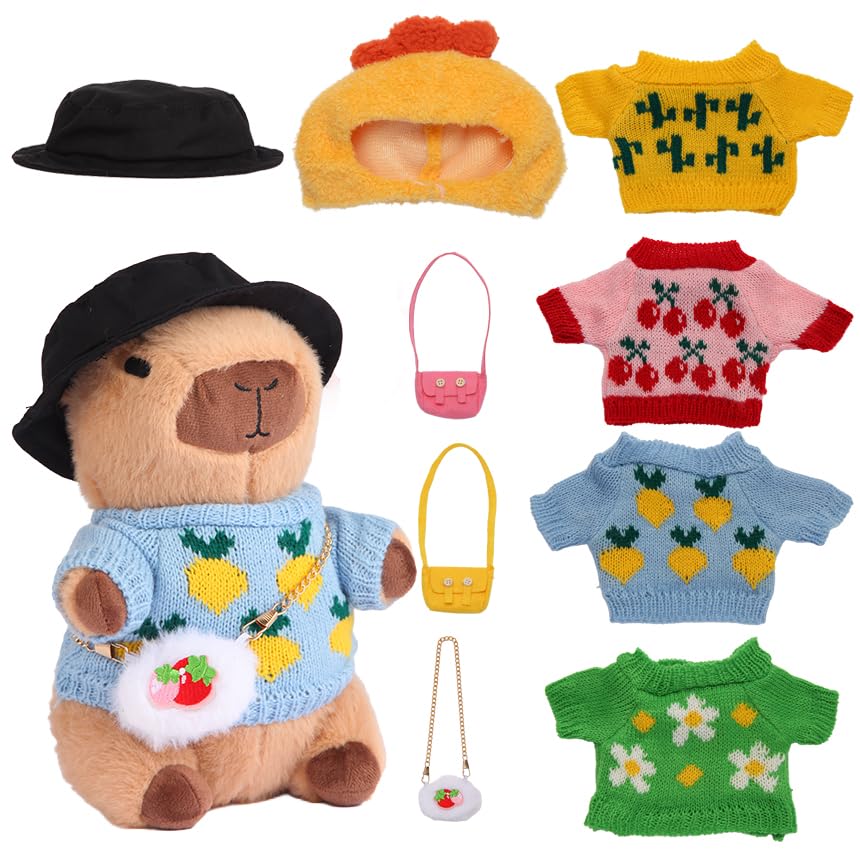 Acgtrick capybara plush with 9-pcs clothes for imaginative dress-up play.