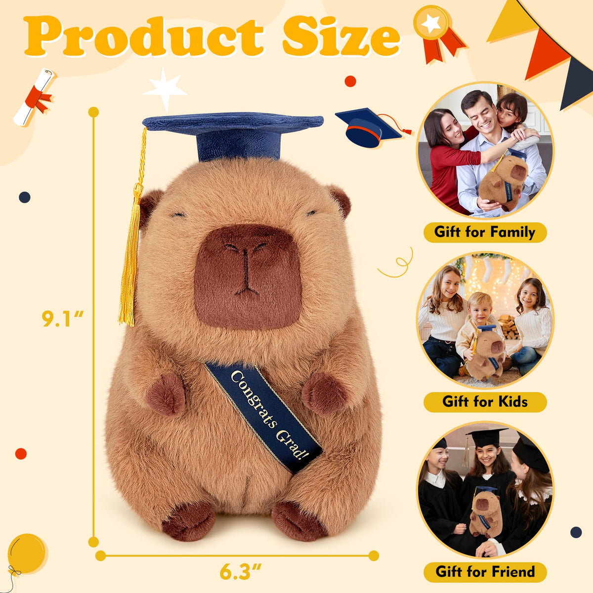 Achwishap Capybara wearing a congrats sash for graduation gift display.