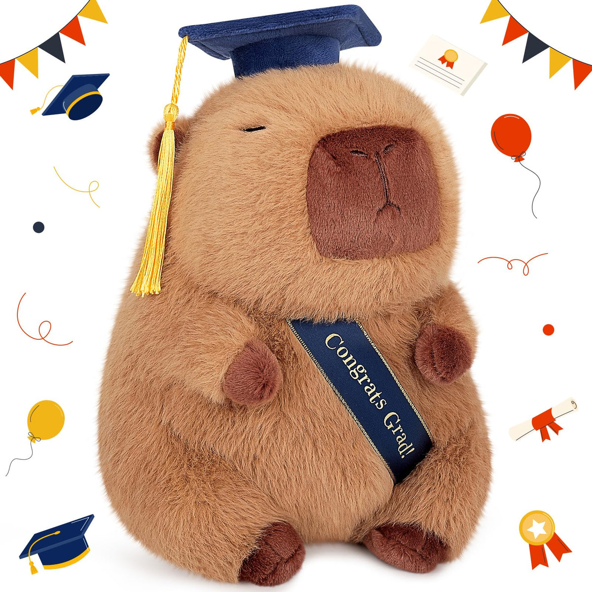 Achwishap Capybara plush with graduation cap for festive decor and keepsakes.