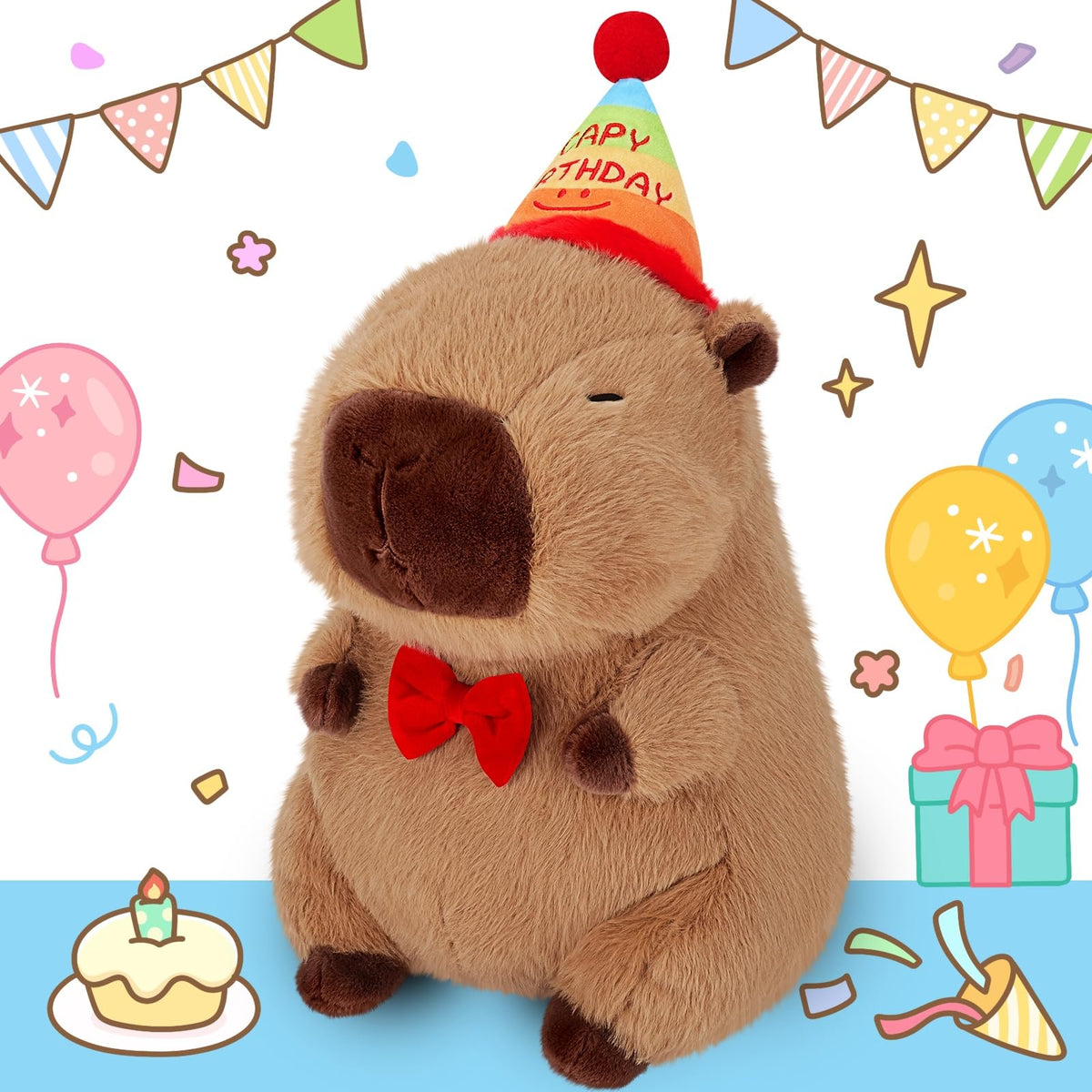 Achwishap Capybara plush with birthday hat, perfect gift for kids and collectors.