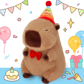 Achwishap Capybara plush with birthday hat, perfect gift for kids and collectors.