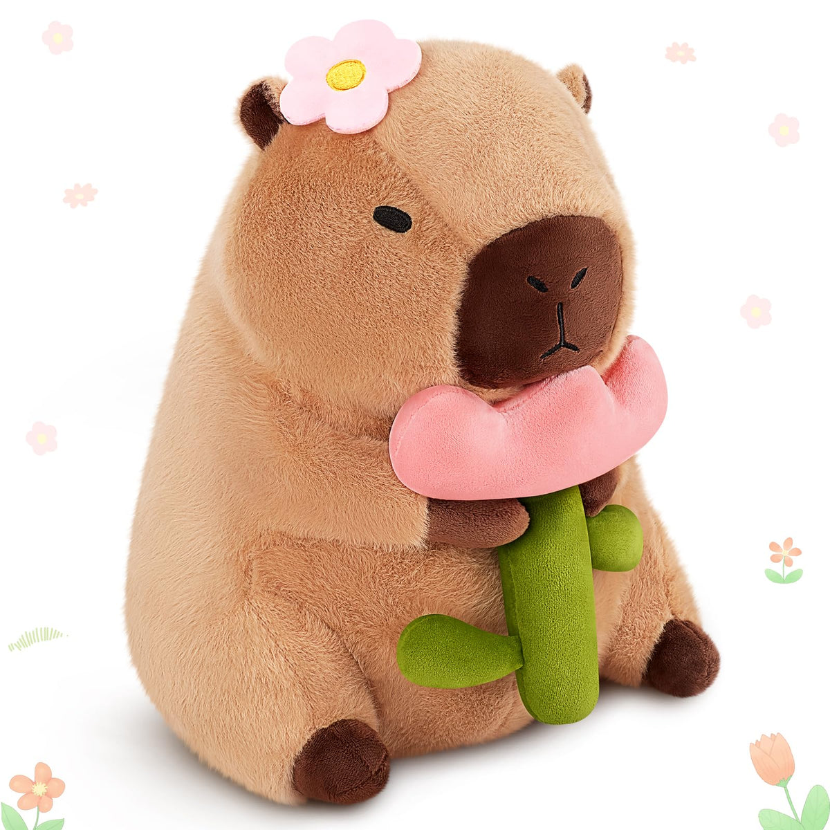Achwishap capybara plush with flower sits adorably, ideal for bedroom decor and gifting