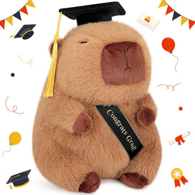 Achwishap Capybara plush wearing graduation hat, a playful desk décor piece for gifting.