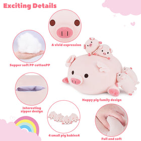 Achwishap pig family bedroom scene, inviting cuddle pillow use