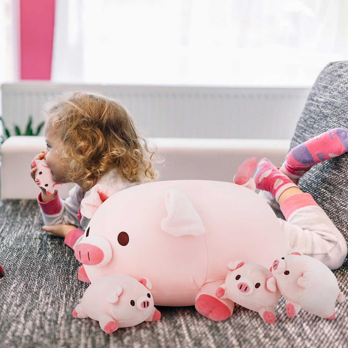 Achwishap pig family fabric close-up, soft plush texture