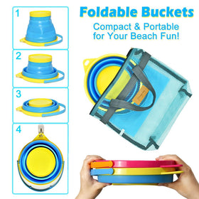 Aclarastra collapsible sand buckets fold compactly for easy transport.