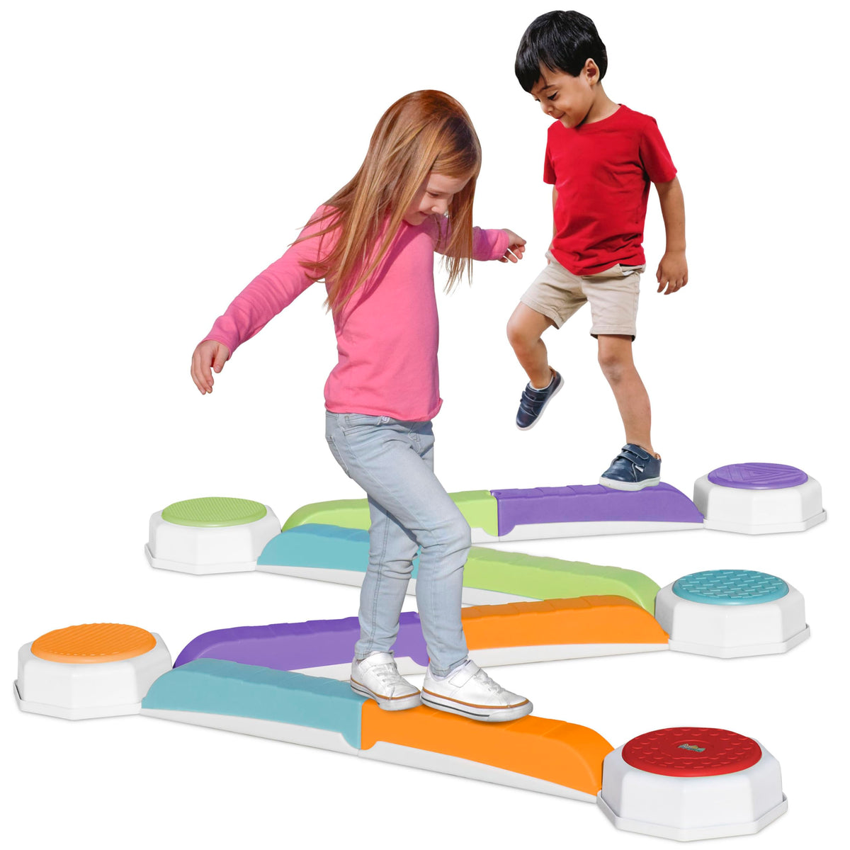 Acorn Avenue balance beam setup shows modular stones for versatile play.