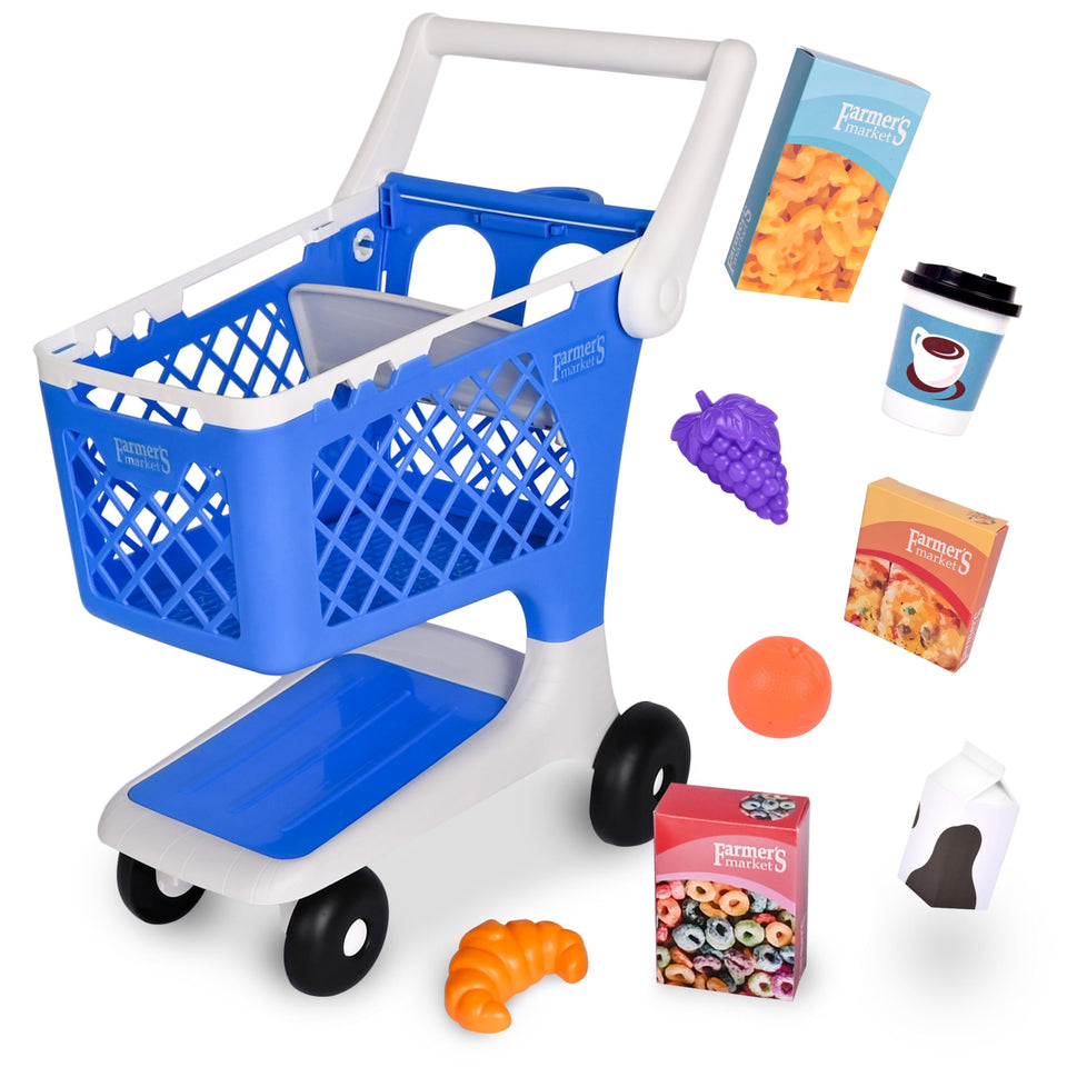 Acorn Avenue blue shopping cart for pretend play, encourages motor skills and social interaction
