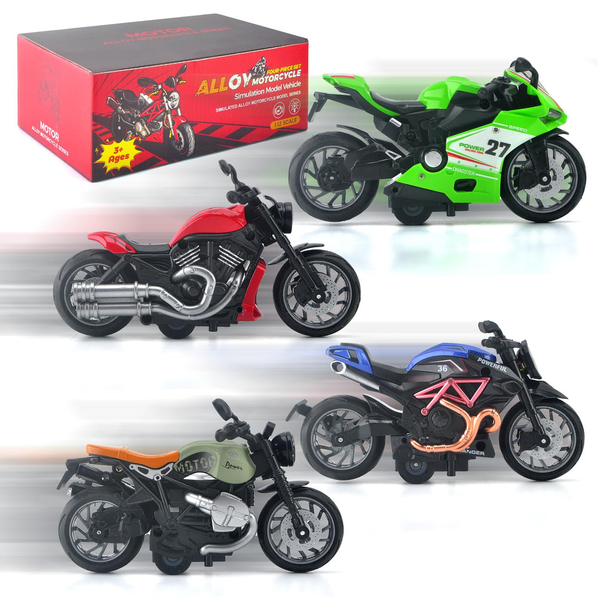 Acrofek four-pack motorcycle toys front view, durable alloy build for active play