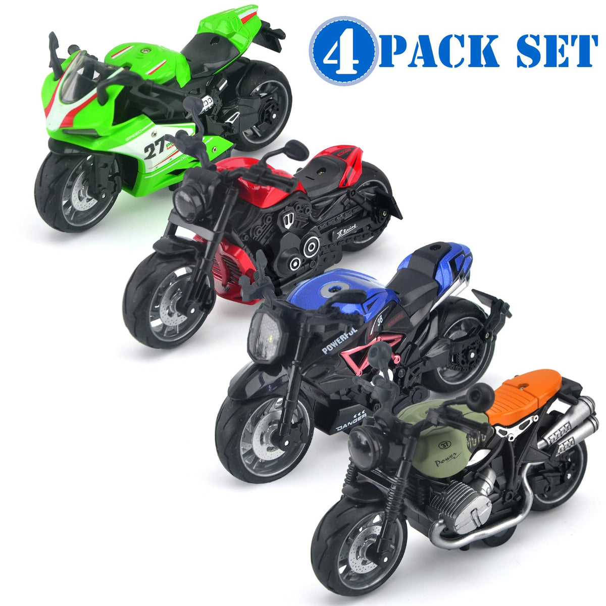 Acrofek four-pack motorcycles side view, smooth edges for safe play