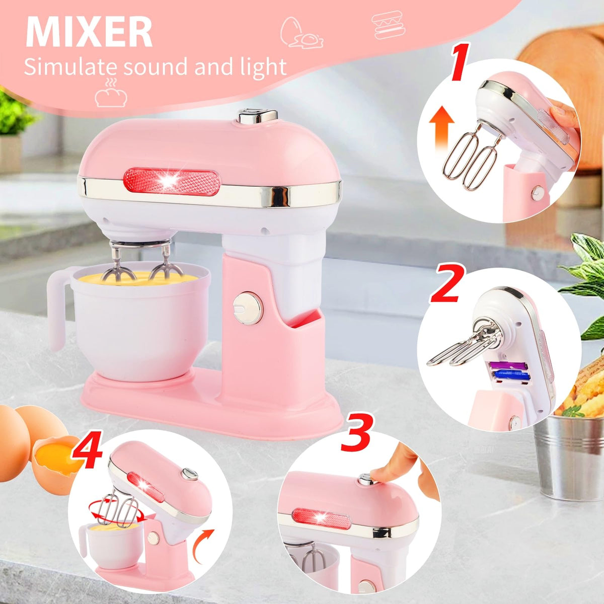 ACROFEK toy mixer with rotating action for safe kitchen role-play.