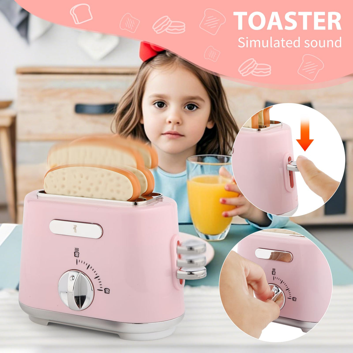 ACROFEK toy toaster with pop-up action and sound effects for realistic cooking play.