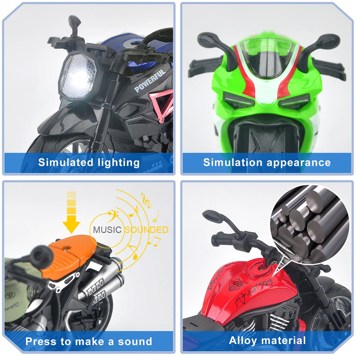Acrofek pull-back action toy motorcycle in motion, instant forward roll