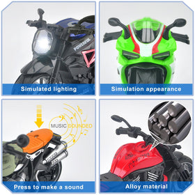 Acrofek pull-back action toy motorcycle in motion, instant forward roll