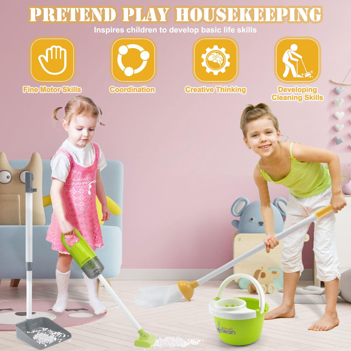 ACROFEK toddler cleaning set bucket and tools ready for pretend cleaning activities