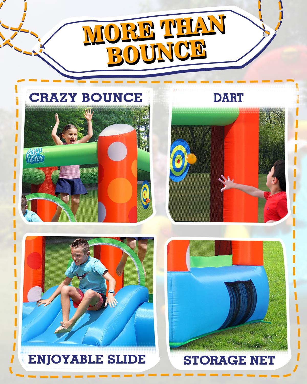 Action Air Bounce House includes a heavy-duty air blower for quick inflation