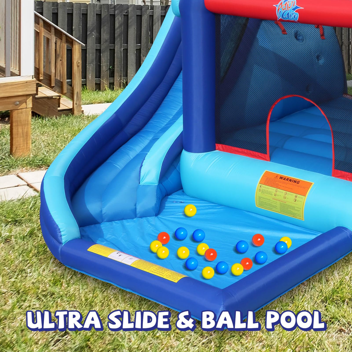 Action Air blower setup image demonstrates quick inflation for busy families