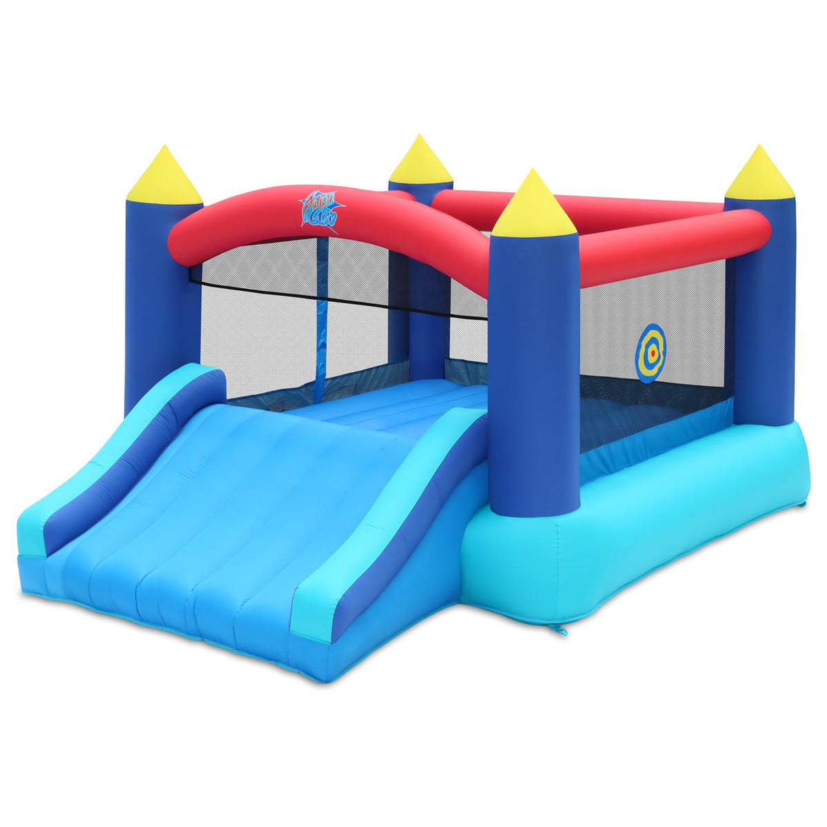 Action Air Bounce House blue front view for safe backyard play.