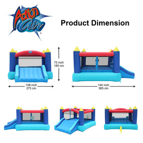 Action Air Bounce House blue safety net area supports supervised jumping.