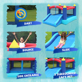 Action Air Bounce House blue slide for thrilling climbs and exits.