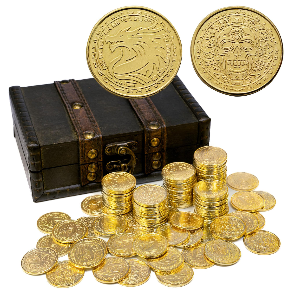 ACTIONDRAKE metal pirate coins with dragon design, ideal for Dungeons and Dragons treasure quests.