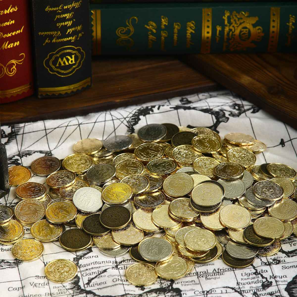 ACTIONDRAKE vintage wooden treasure box provides storage and retro display for coins.