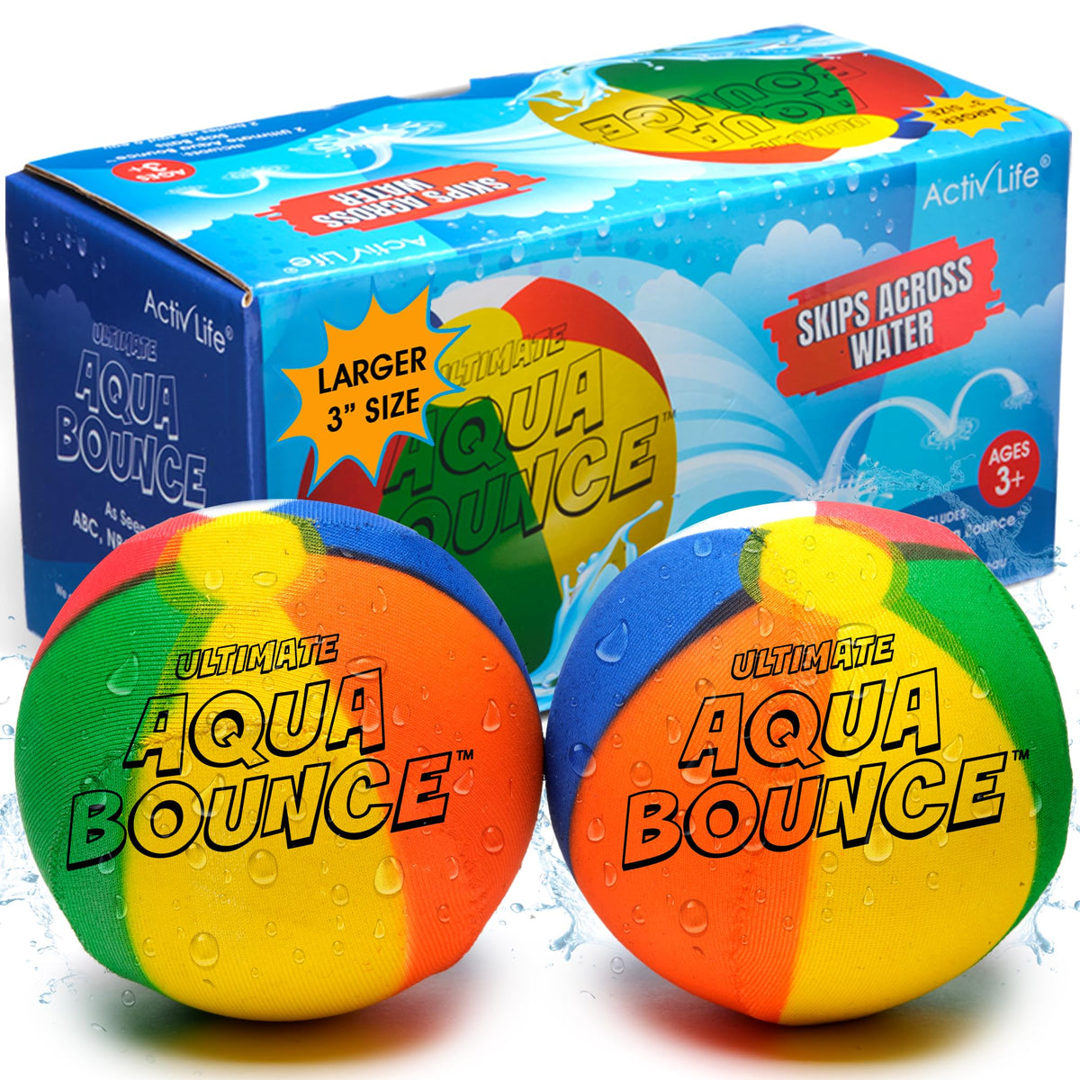 Activ Life Ultimate 2-Pack 3-Inch Water Skip Ball, front view, vibrant poolside fun.