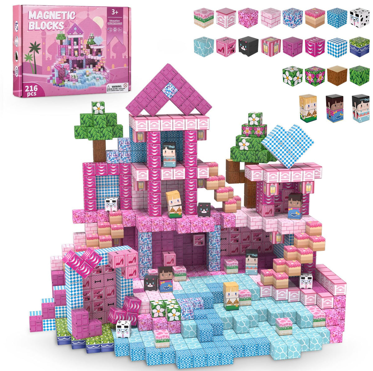 ADAH 216PCS magnetic blocks in pink princess castle for imaginative play and sturdy construction.
