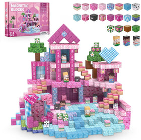 ADAH 216PCS magnetic blocks in pink princess castle for imaginative play and sturdy construction.