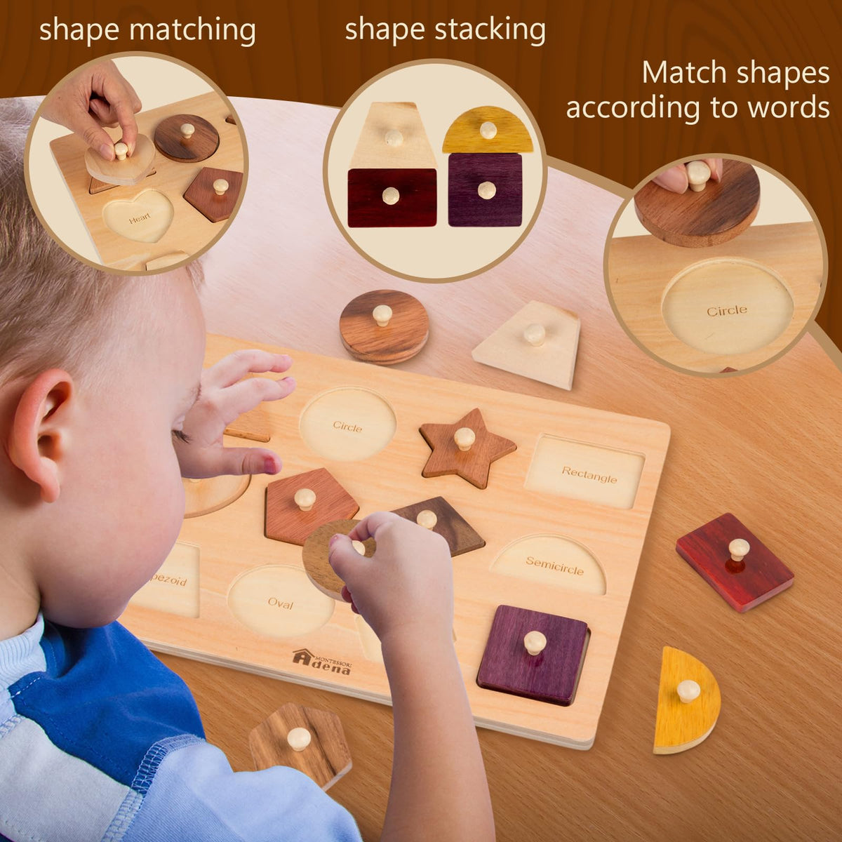 Adena Montessori educational wooden shapes toy for early learning and exploration.