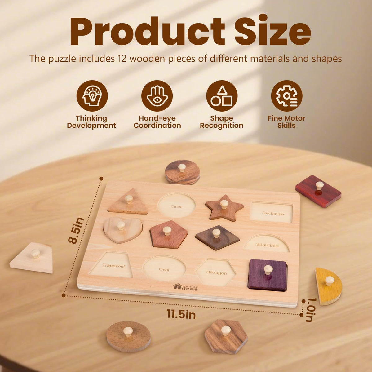 Adena Montessori natural wood shapes showcase varied textures for sensory, hands-on learning.