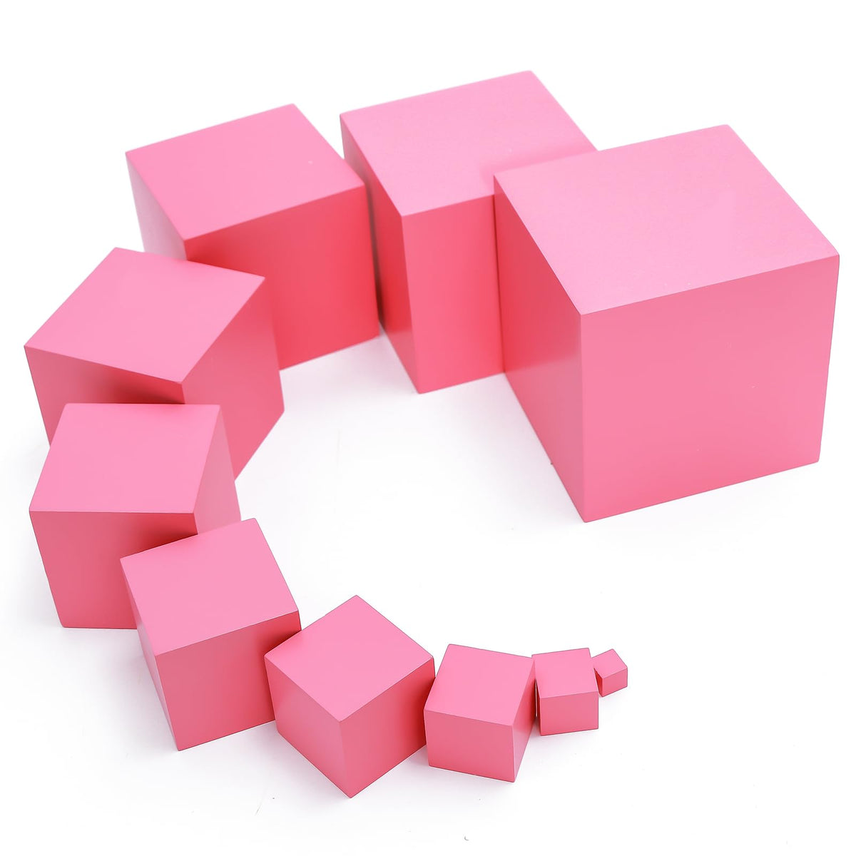 Adena Montessori Pink Tower base blocks for size concept exploration and balance.