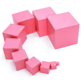 Adena Montessori Pink Tower base blocks for size concept exploration and balance.