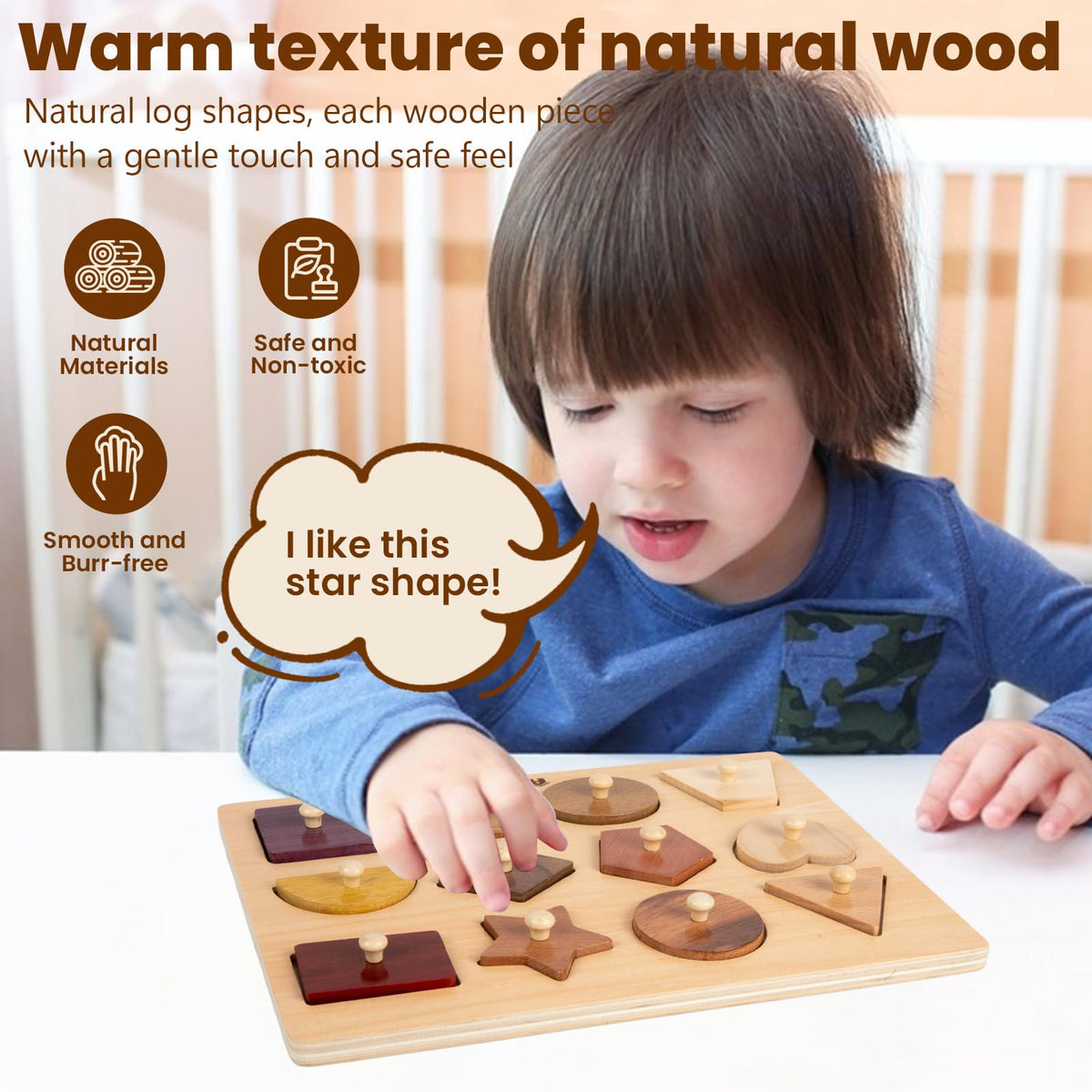 Adena Montessori sensory wooden pieces highlight natural textures and tactile play.