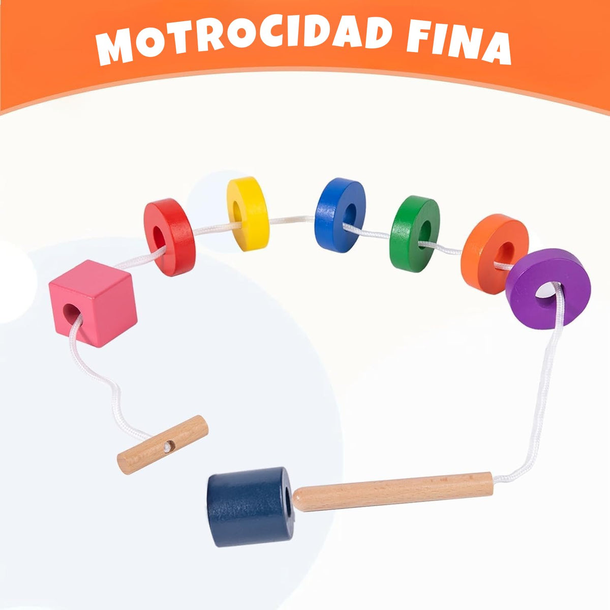 Adena Montessori threading setup with a clear lacing string for kids