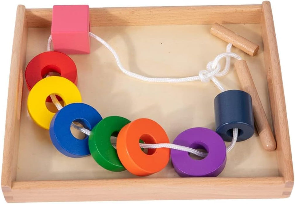 Adena Montessori wooden lacing tray with colorful shapes for stringing