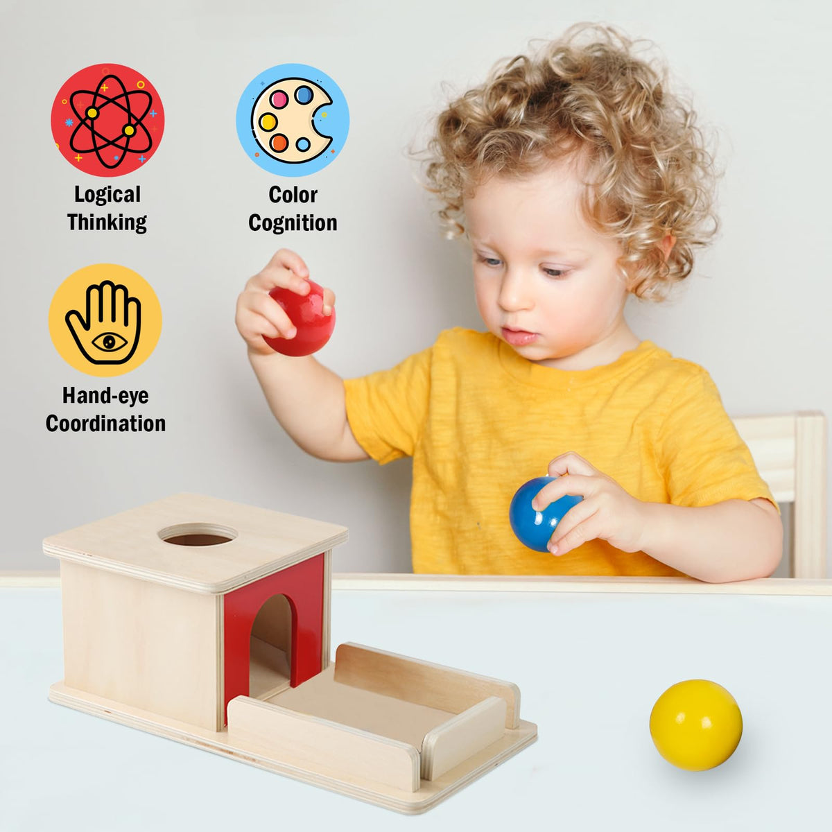Adena Montessori wooden toy tray with red door supports fine motor skills