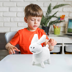 Adenzai Gubby Rabbit plush cuddle scene emphasizes comfort and play.