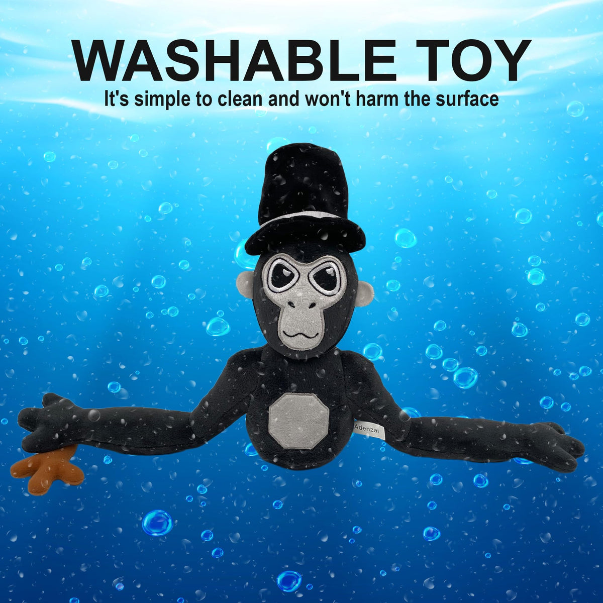 Adenzai Monkey Monkey Plush size guide highlights forearm-length reach.